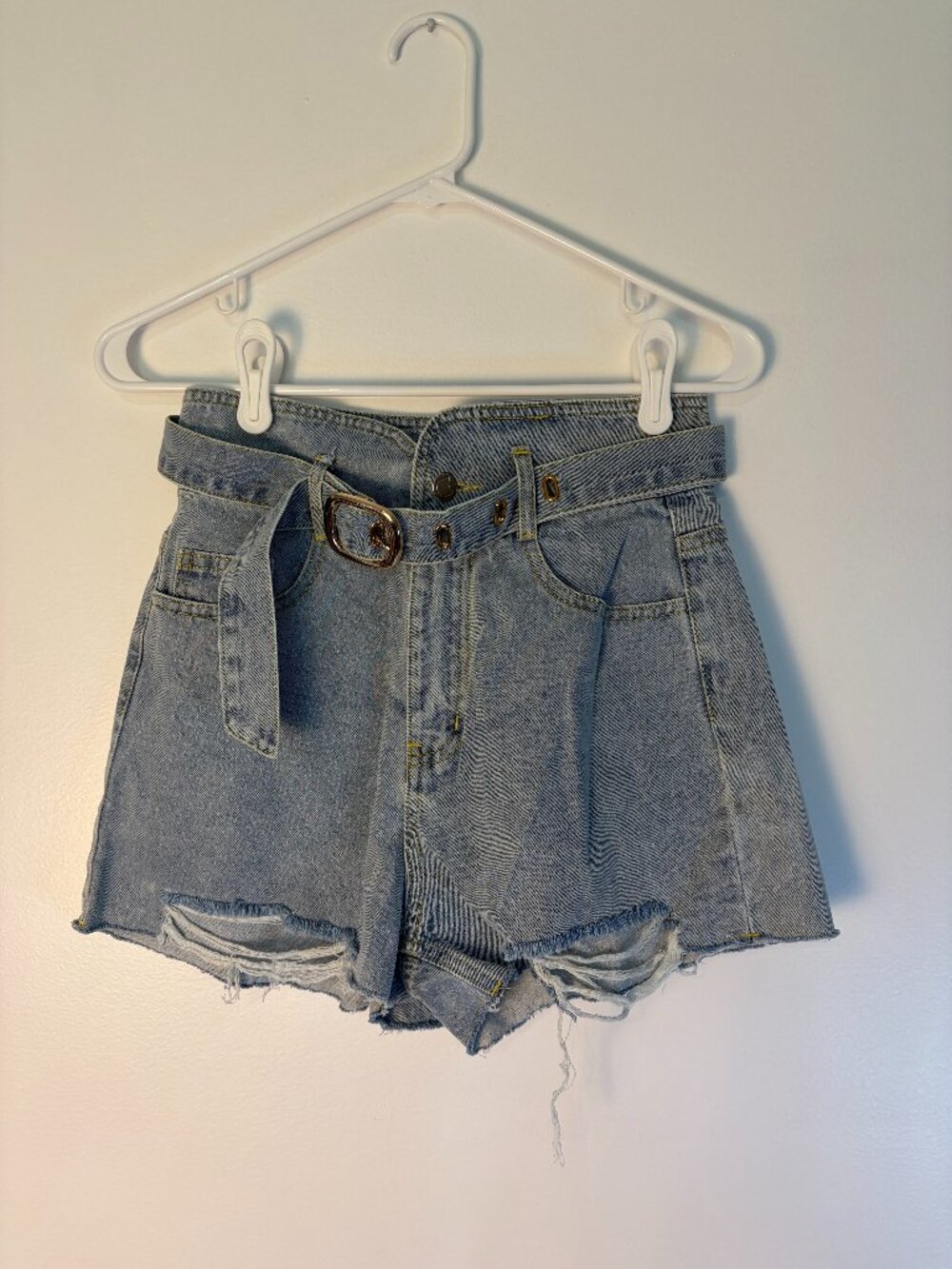 Kittenish Light Wash High Waist Frayed Hem Denim Shorts (NWT)